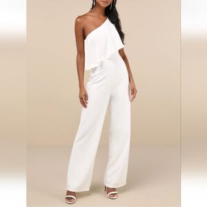 Lulus NWT Flawless Vibes White One-Shoulder Tiered Wide-Leg Jumpsuit
